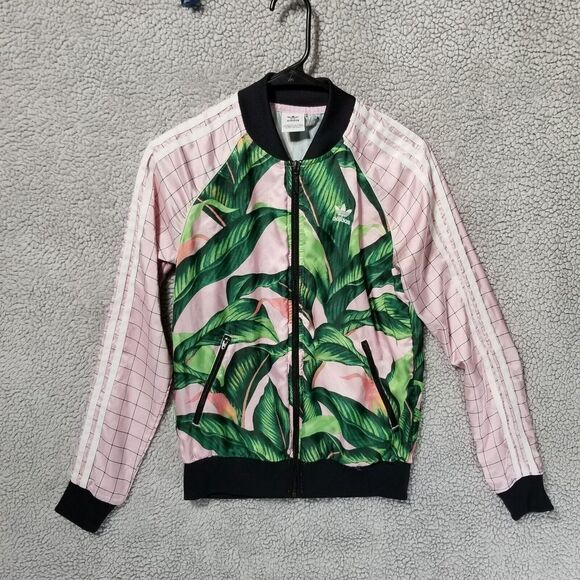 Adidas x Farm Rio Sz XS Pink Palm Tropical Leaf Pattern Track Jacket‎ Full Zip - Picture 1 of 16